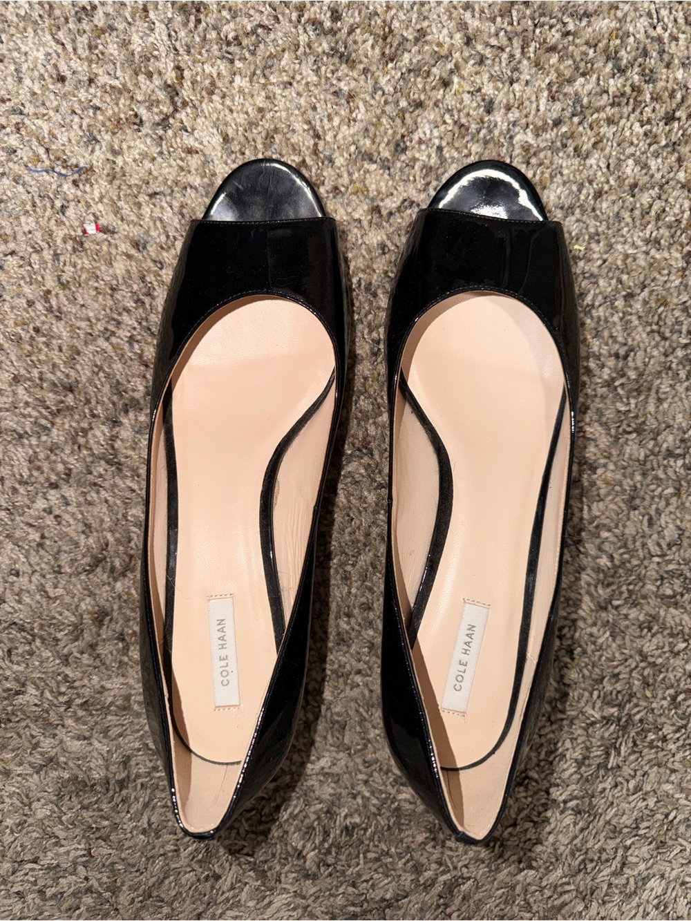 Cole Haan Black Patent Peep-Toe Flats with Nude Insole